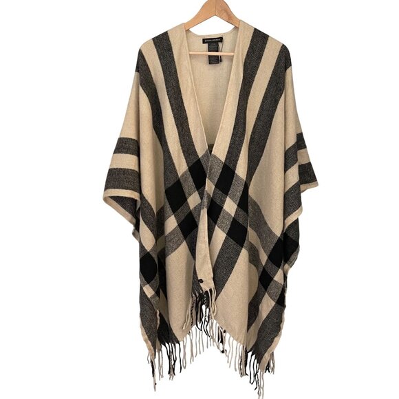 Banana Republic Womens Plaid Poncho Cape One Size Fringe Timeless Quiet Luxury - Picture 2 of 7
